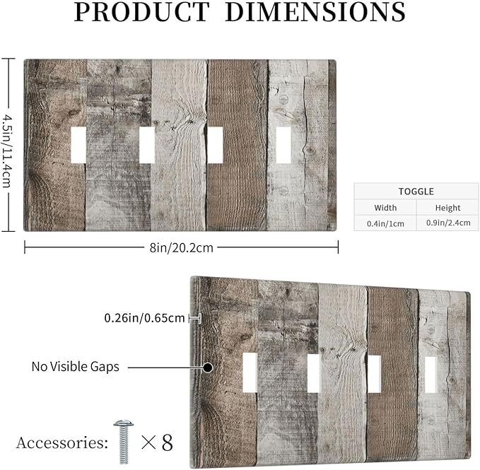 Natural Grey Wood Vintage Faux Wood Grain Light Switch Covers Quad Toggle Electrical Faceplate 4 Gang Wall Plate Decorative Switch Plates Cover for Farmhouse Home Decor