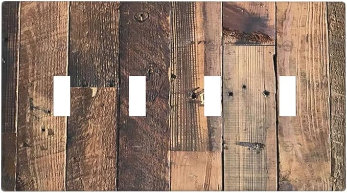 Rustic Brown Wood Plank Vintage Country Wooden Board Light Switch Covers Quad Toggle Electrical Faceplate 4 Gang Wall Plate Decorative Switch Plates for Farmhouse Home Decor