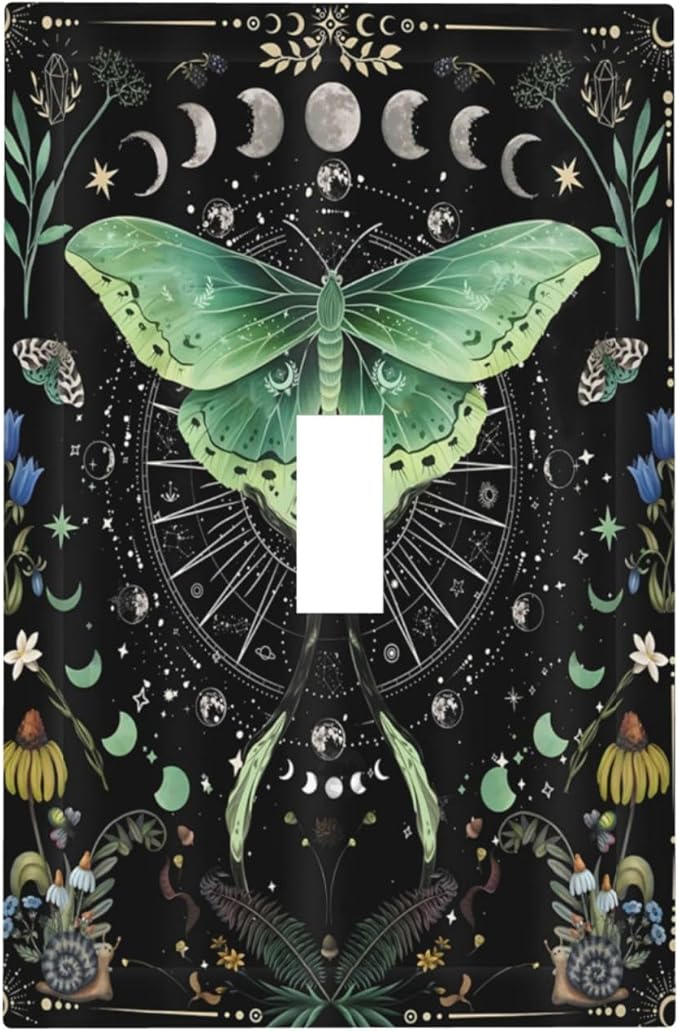 Moon Phase Butterfly Wildflower Plant Mysterious Night Moonlit Decorative Light Switch Cover 1 Gang Single Toggle Device Electrical Faceplate Switchplates Decorator Outlet Wall Plate for Bedroom