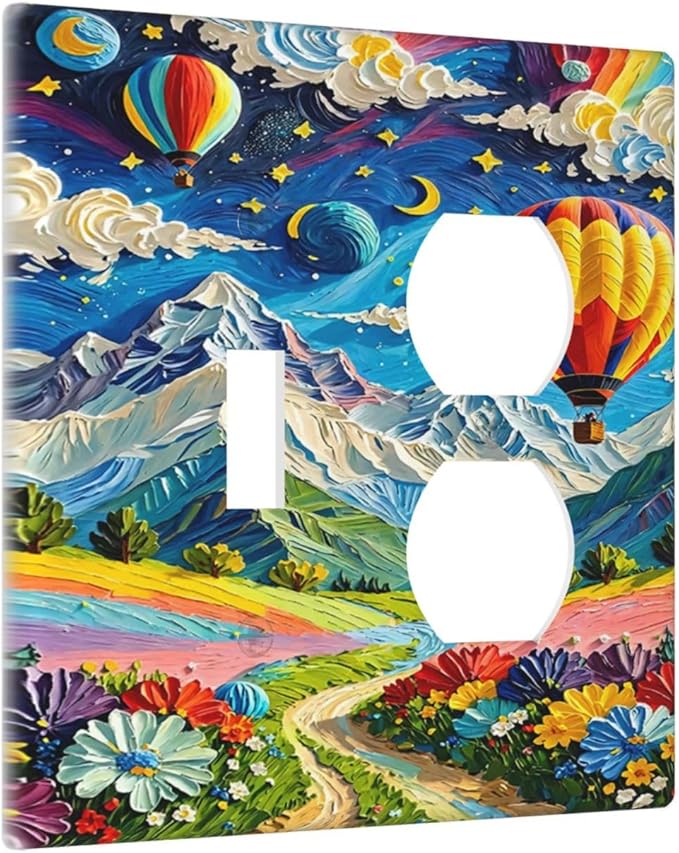 Hot Air Balloons Floral Vibrant Colors Flowers Mountains Stars Moon Wallplates 1 Toggle 1 Duplex Electrical Gfci Faceplate Decorative Light Switch Covers Switch Plate for Bedroom Kids Room Decor