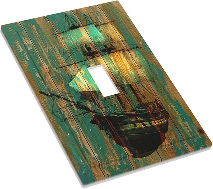 Decorative Light Switch Cover Rustic Green Wood Grain Sailboat 1 Gang Single Toggle Decorator Outlet Wall Plate Device Electrical Faceplate Switchplates for Farmhouse Bedroom Decor