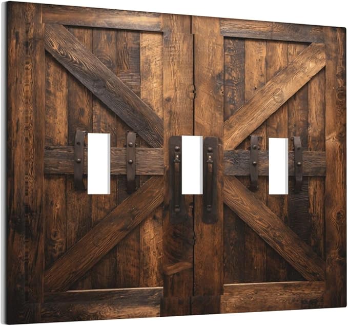 Decorative Light Switch Cover Plate Retro Brown Wood Barndoor 3 Gang Wall Plates for Electrical Outlets Triple Toggle Switch Plate Covers Outlet Covers Faceplate for Farmhouse Decor