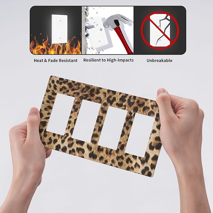 Classic Leopard Cheetah 4 Gang Quad Rocker/Decor Light Switch Cover Plate Decorative Electrical Faceplate For Girls Boys Home Bedroom Decorate Large Size 8.3" x 4.6