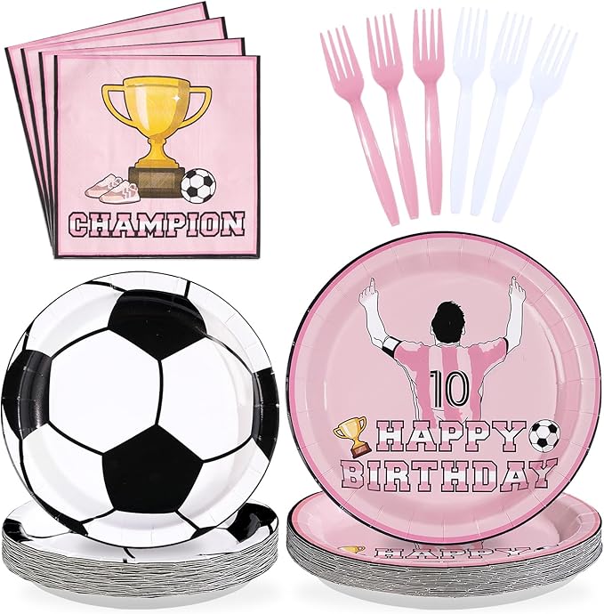 96Pcs Pink Soccer Birthday Party Supplies Pink Soccer Star Plates and Napkins Football Champion Themed Tableware Set for Sports Fans Football Theme Birthday Party Supplies，Serves 24
