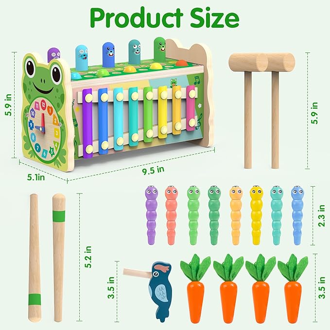 6-IN-1 Wooden Montessori Toys for 1 Year Old, Mole-Tapping Game | Play the Xylophone | Frog Clock | Carrot Harvest Game | Spinning Gear, Toddler Toys Aged 1-4, Baby Toy Gift for Early Learning