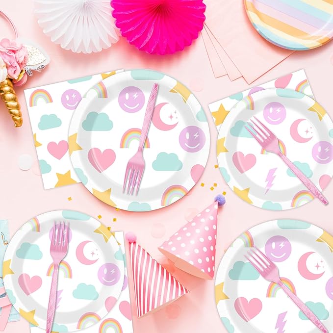 96Pcs Pastel Rainbow Party Plates and Napkins for Smlie Face Preppy Birthday Supplies Unicorn Themed Paper Dessert Plates Smile Tableware Set for Kids Boys 24 Guests Birthday Party Decorations