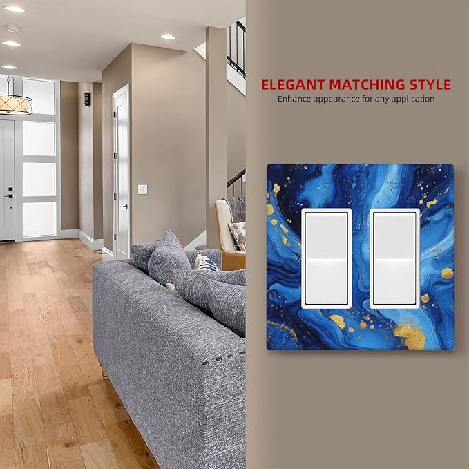 Outlet Covers Navy Blue Gold Marble Abstract Luxury 2 Gang Double Rocker Light Switch Cover Plate Decorative Wall Plate GFCI Socket Cover Electrical Switch Plate Covers for Bathroom Home