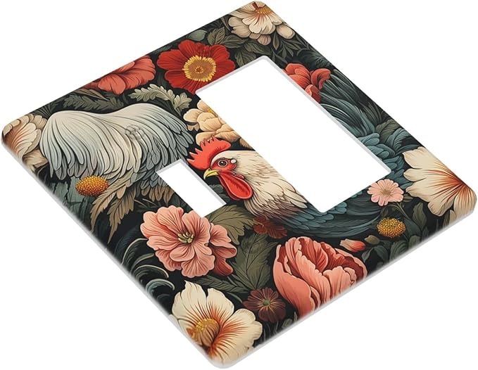 Outlet Covers Rooster Flowers Red White Chicken Floral 1 Toggle 1 Rocker Combination Decorative Wall Plate Electrical Switch Plates Light Switch Cover Plate for living Room Farmhouse Decor