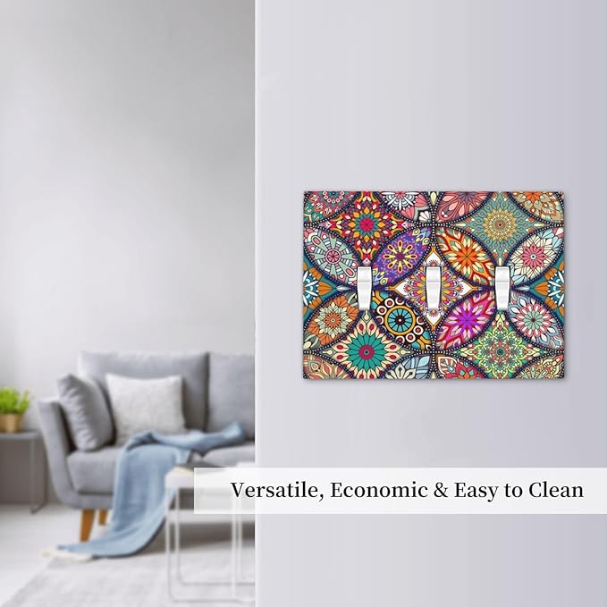 Boho Floral Pretty Colorful Mandala Flowers Decorative Switch Plates 3 Gang Wall Plate Triple Toggle Light Switch Cover Faceplate Electrical Wall Panels for Bedroom Living Room Decor