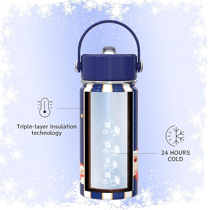 OISIZ Christmas Water Bottle for Kids,14oz Insulated Cup with Straw Lid,316 Stainless Steel Bottles for School,Insulated Tumbler for Holiday Gifts for Kids,Keep Cold for 24 Hours