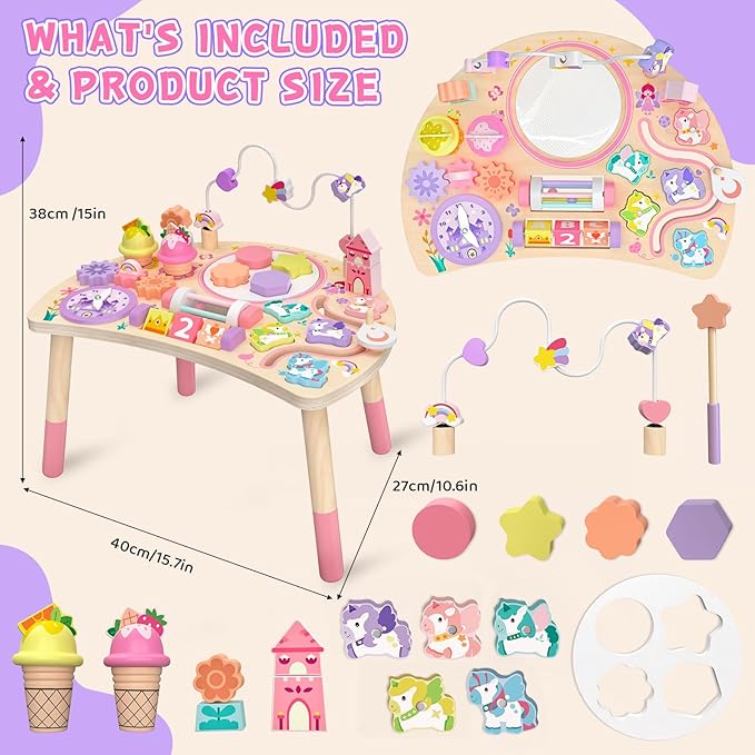 Wooden Activity Table for Toddlers 1-3, Unicorn 10-in-1 Montessori Busy Board with Bead Maze Shape Matching Gears Clock, Sensory Learning Toys for 1 2 3 Year Old Girls Boys Birthday Gift