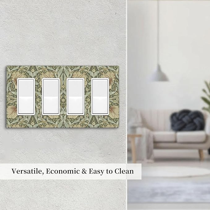 William Morris Pimpernel Flowers 4 Gang Light Switch Cover Vintage Floral Green Botanical Quad Rocker Switchplates Wall Plate Decorative Electrical Faceplate for Country Bedroom Kitchen Décor