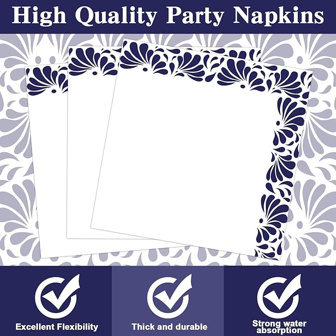 96 Pcs De Barro Mexican Talavera Paper Plates and Napkins Party Supplies White Blue Floral Clay Disposable Tableware Set Talavera Party Decorations for Fiesta Wedding Baby Shower Favors for Serves 24