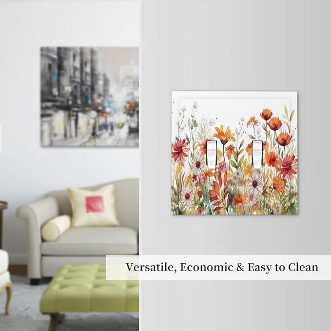 Watercolor Wild Flower Floral Daisy Plant Decorative Switch Plates 2 Gang Double Toggle Outlet Light Switch Cover Wall Plate Electrical Faceplate for Bedroom Living Room Decor