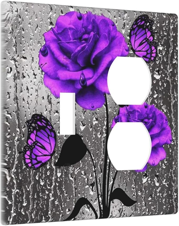 Pretty Purple Grey Rose Butterfly 2-Gang 1-Toggle 1-Duplex Device Combination Wallplate Valentine's Day Flowers Blossom Art One Toggle Switch and One Duplex Receptacle Outlet Combo Light Switch Cover