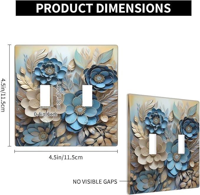 Decorative Art Light Switch Covers Blue and Creamy Floral 2 Gang Double Toggle Wall Plate Decorative Switchcover Electrical Switchplate for Home Decor