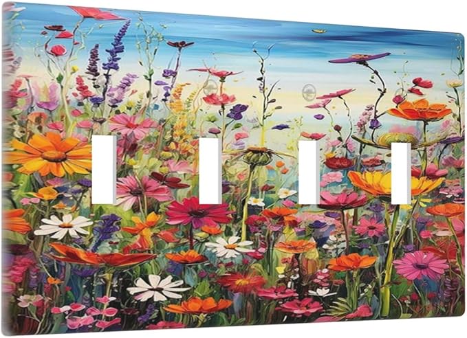 Colorful Wildflowers Painting Floral Flower Light Switch Covers Quad Toggle Electrical Faceplate 4 Gang Wall Plate Decorative Switch Plates Cover for Bedroom Living Room Decor