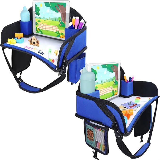 Kids Travel Tray for Car Seat, Toddler Road Trip Essentials With Drawing Kit, Travel Activities Must Haves (Navy Blue-2PCS)