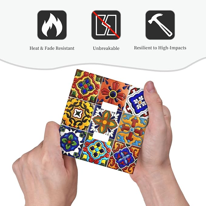 Vintage Colorful Boho Mexican Moroccan Tile Decorative Switch Plates 2 Gang Double Toggle Outlet Light Switch Cover Wall Plate Electrical Faceplate for Farmhouse Home Decor