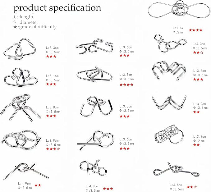 Metal Wire Puzzle Set of 24 with Pouch,Brain Teaser IQ Test Disentanglemen Iron Link Unlock Interlock Game Chinese Ring Magic Trick Toy for Party Favor Kids Adults Challenge