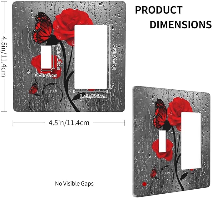 Butterfly Red Rose Flower 2 Gang Single Toggle/Rocker Combination Light Switch Cover Decorative Wall Plate Faceplate Girls Bathroom Bedroom Decorate 4.5" x 4.5