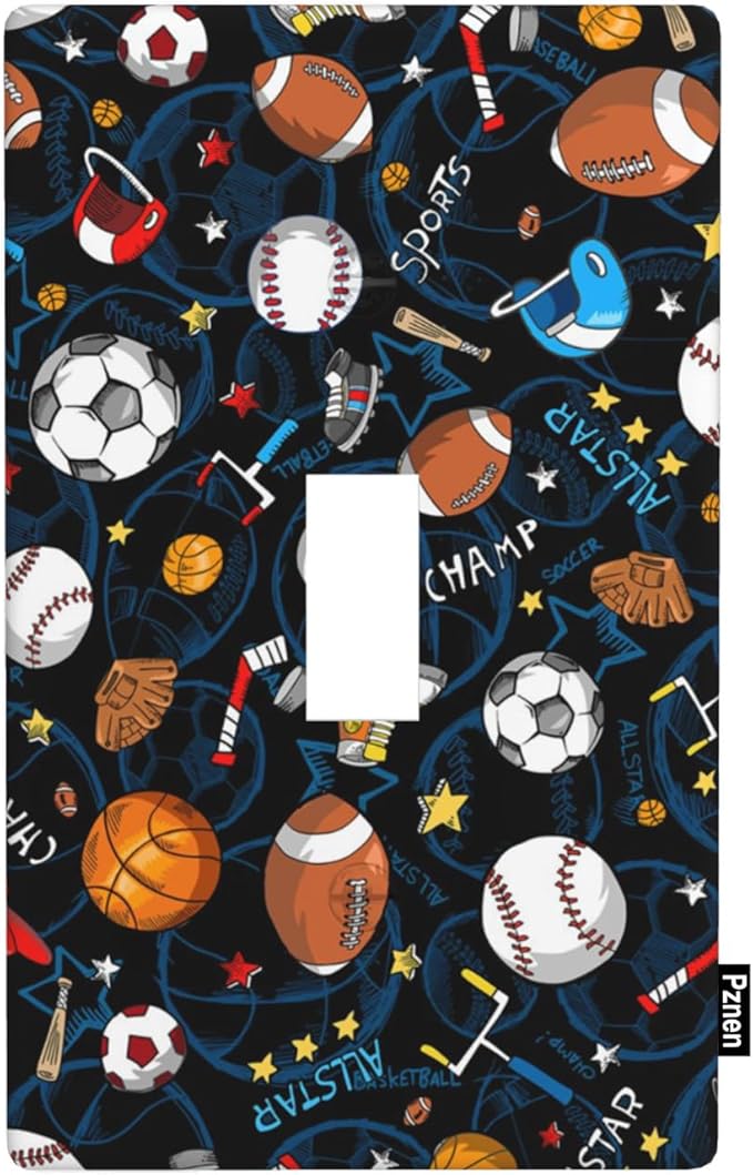 Sports Light Switch Cover Collection Football Soccer Baseball Basketball Fun Sports Design Blue Single Toggle Wall Plate 1 Gang Switchplate 4.5"x 2.76" for Men Teen Boys
