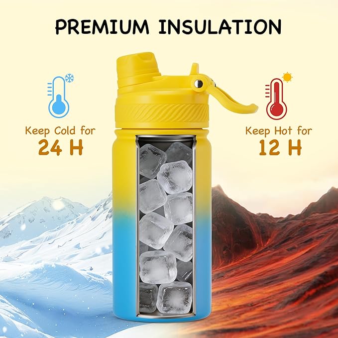 12 oz Kids Water Bottle, 2-in-1 Stainless Steel Vacuum Insulated Water Bottle for Toddler, Spout & Straw, Double Wall Thermal Flask for Boys&Girls, School, Outdoor, Travel (Gradient Yellow & Blue)