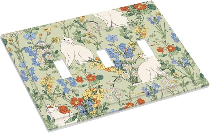 Decorative Switch Plates Vintage Floral Cute Cat Colorful Flowers 3 Gang Wall Plate Triple Toggle Light Switch Cover Faceplate Electrical Wall Panels For Bed Room Living Room Decor