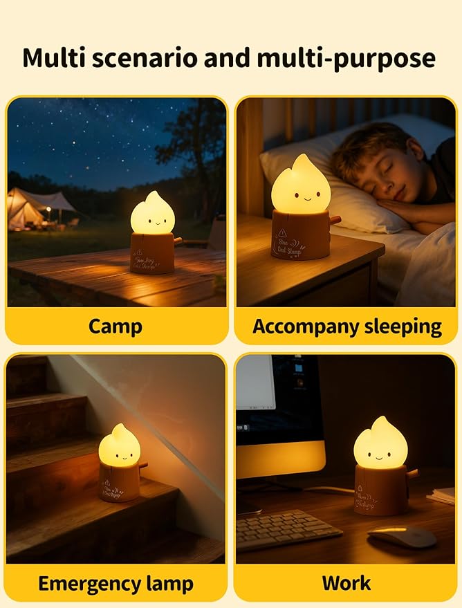 Stump Fire Night Light, Flameless Candles Lamp, Rechargeable Silicone Flame lamp, Portable Campfire Light, Cute Night Light for Bedroom, Outdoor, Camp, Funny Gifts for Kids Teens Adults