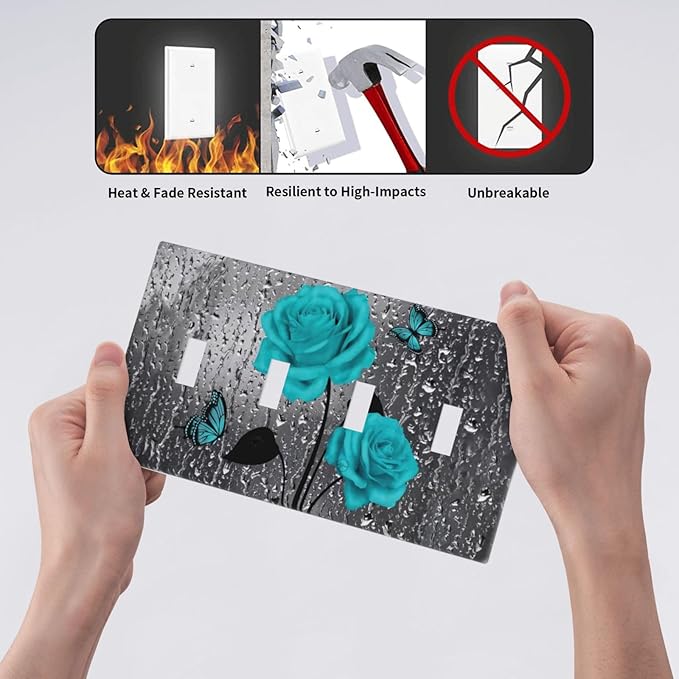 Elegant Teal Blue Gray Roses Flower Floral 4 Gang Quad Decorator Light Switch Cover, Romantic Raindrop Rose Butterfly Four Gang Toggle Wall Plate Outlet Cover Standard Size Girl Women Bathroom Decor