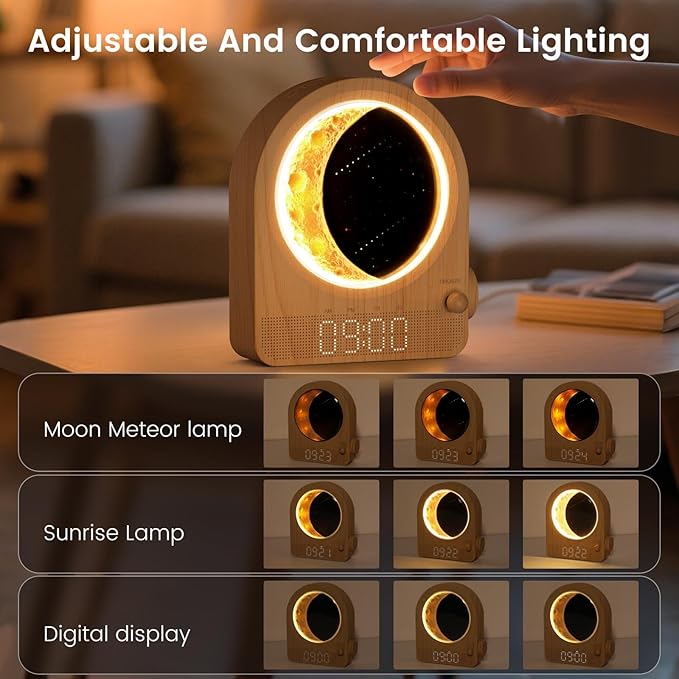 Sunrise Alarm Clock, White Noise Machine & Meteor Moonlight - 10 Soothing Sounds, Dual Alarms, 30/60/90min Timer, Easy Snooze - Bedroom Gift for Insomnia Adults/Women - Wood Grain