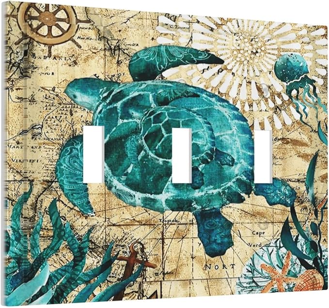 Blue Greem Nautical Ocean Map Tortoise Turtle 3 Gang Light Switch Plate Ocean Octopus Marine Coral Beach Theme Decorative Triple Toggle Wall Plate Outlet Cover Electrical Faceplate
