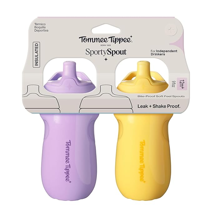 Tommee Tippee Insulated 9oz Sporty Spout Toddler Water Bottle, No Spill, Sippy Cups for Toddlers 1-3, Two-Piece Valve Helps Stop Spills, Yellow & Purple, BPA Free, Pack of 2