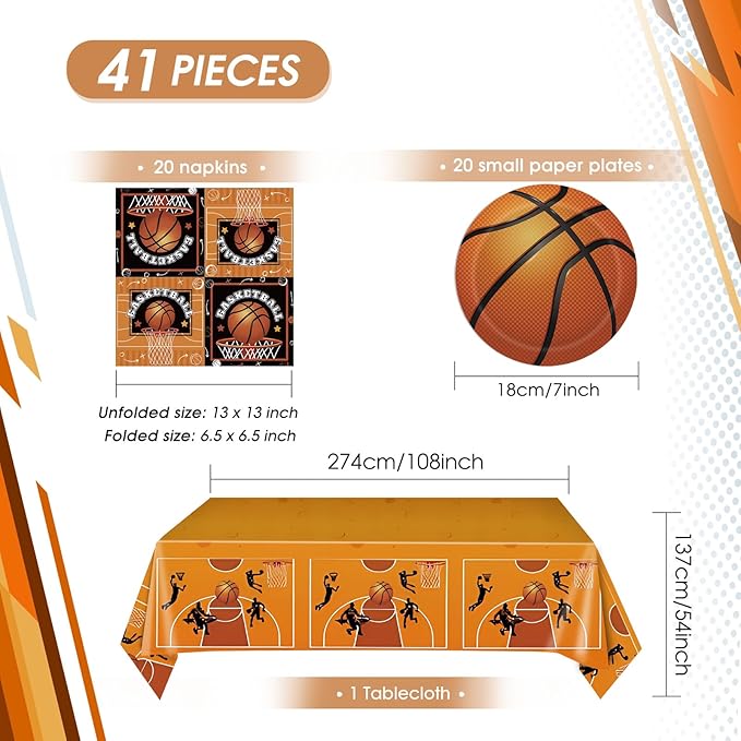 41Pcs Basketball Theme Birthday Party Decorations Basketball Party Supplies Tableware Set Basketball Paper Plates,Napkins,Tablecloth丨Kids and Adults Basketball Sports Birthday Party Decor,Serves 20
