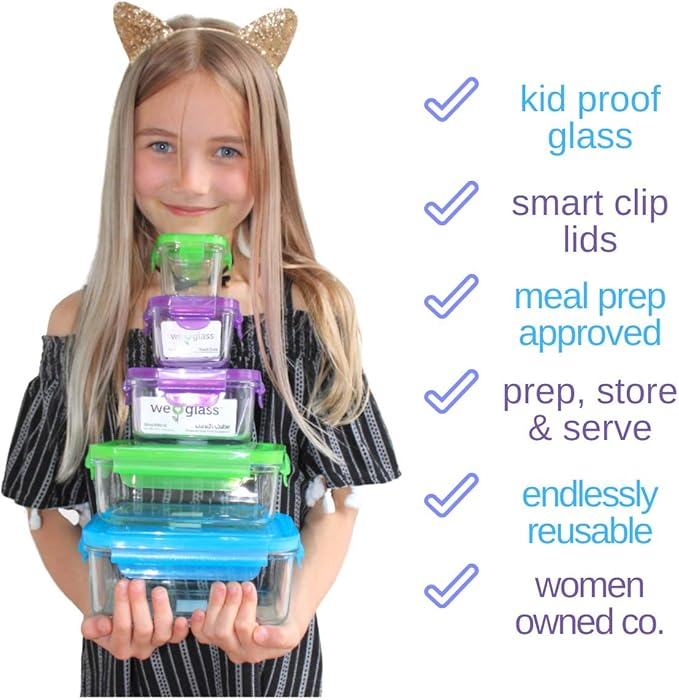 Wean Cube Glass Food Storage Garden Pack - Pack of Four (4), 4 oz Square containers Blue, Orange, Green, Purple