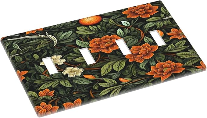 Light Switch Cover William Morris Orange Flowers Rustic Leaves Floral 4 Gang Quad Toggle Decorative Switch Plates Electrical Wall Plates Faceplate for Bathroom Bedroom Decor