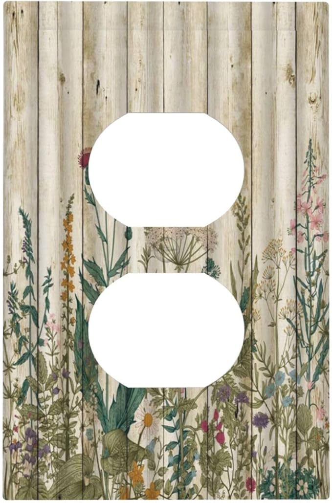 Vintage Wild Flowers Botanical Green Leaves Plants 1 Gang Outlet Plate Decorative Single Duplex Wall Plate Covers Rustic Wood Plank Electrical Receptacle Light Switch Cover Art Faceplate Switchplate