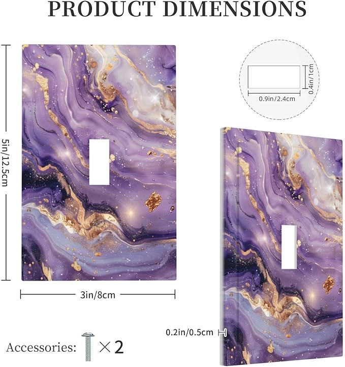 Luxury Marble Texture Purple And Gold Abstract Print Decorative Light Switch Cover 1 Gang Single Toggle Device Electrical Faceplate Switchplates Decorator Outlet Wall Plate for Bathroom Home Decor