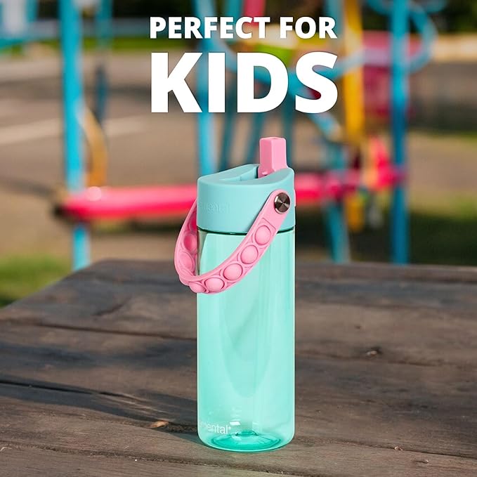 Elemental Water Bottles for Kids - Splash Kids Water Bottle for School with Pop-it Handle - BPA Free Tritan Plastic Water Bottle with Straw Leak Proof when Spout is Closed - Blue Bubblegum - 18oz