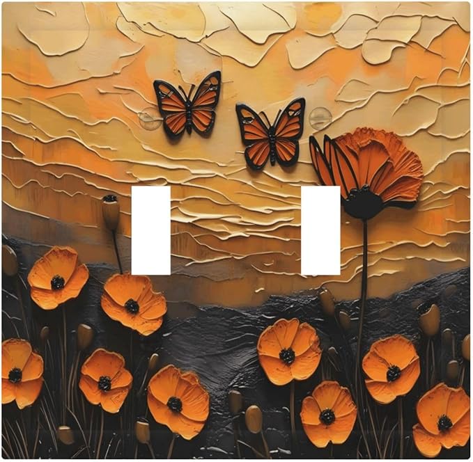Oil Painting Flower Sunset Butterfly Vintage Rustic Floral Decorative Switch Plates 2 Gang Double Toggle Outlet Light Switch Cover Wall Plate Electrical Faceplate for Bedroom Living Room Decor
