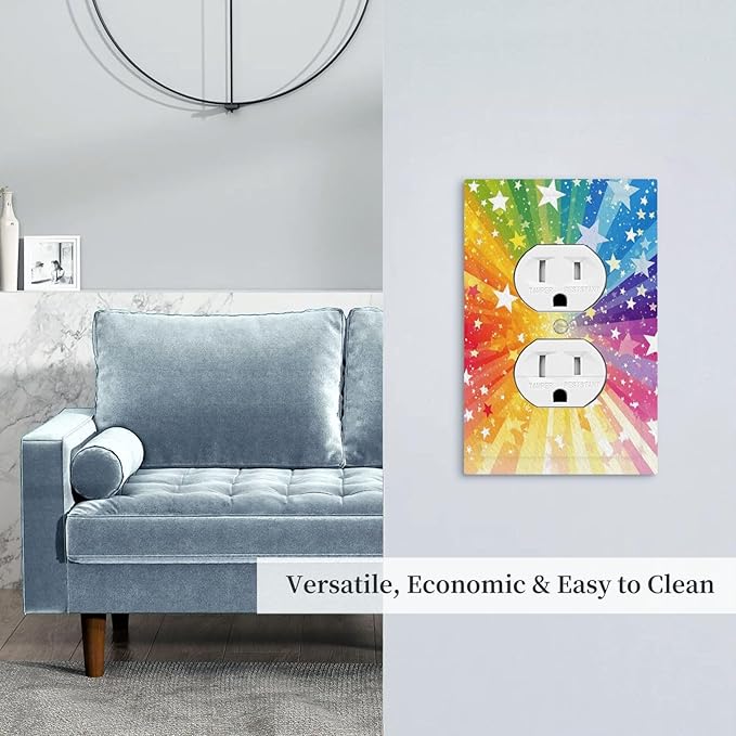 Decorative Outlet Covers Rainbowcolored Rays With White Stars 1 Gang Duplex Light Switch Cover Plate Electrical Switch plates Wall Plates Receptacle Covers for Nursery Home Decor