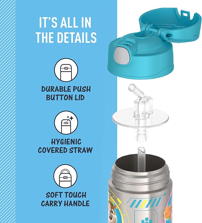 THERMOS FUNTAINER Water Bottle with Straw - 12 Ounce - Kids Stainless Steel Vacuum Insulated Water Bottle with Lid, Paw Patrol Blue
