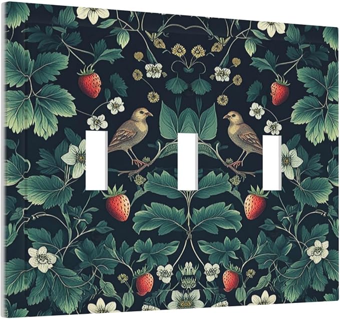 Decorative Switch Plates Strawberry Birds Flowers Plant Morris Floral 3 Gang Wall Plate Triple Toggle Light Switch Cover Faceplate Electrical Wall Panels for Bedroom Farmhouse Decor