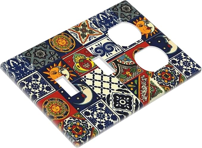 Colorful Boho Mexican Tiles 3-Gang 2-Toggle 1-Duplex Receptacle Combination Light Switch Decorative Mandala Moon and Sun Witchy Gothic Triple Combo Device Switches/Rocker Outlet Covers and Wall Plate