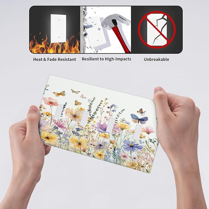 Wildflowers Colorful Flower Butterfly Floral Light Switch Covers Quad Toggle Electrical Faceplate 4 Gang Wall Plate Decorative Switch Plates Cover for Farmhouse Bedroom Decor