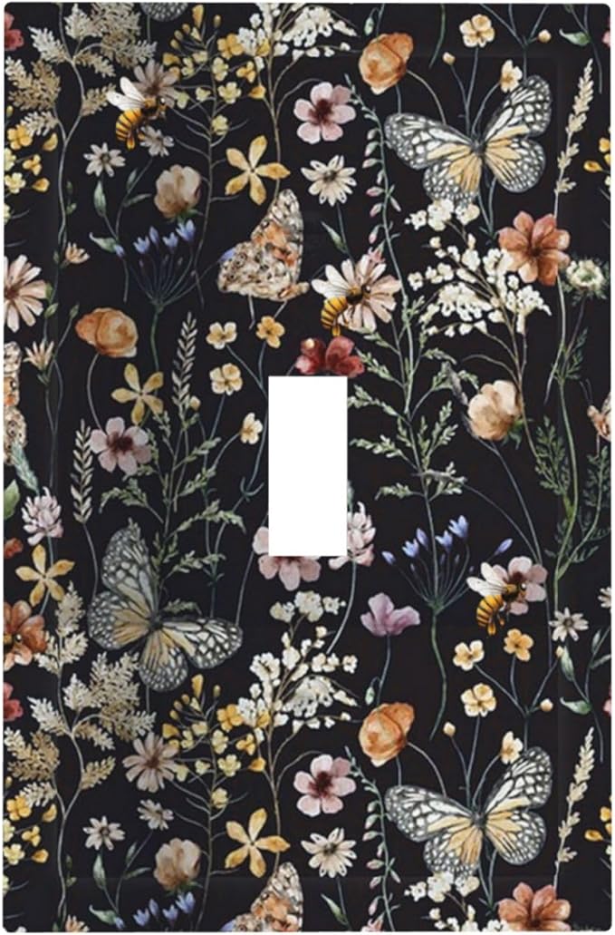 Vintage Flower Leaves Single Toggle Wall Plates Butterfly 1 Gang Light Switch Cover Cute Bees Switchplate Covers Decorative Dark Backgrounds Dimmer Decor for Bedroom Kitchen Bathroom