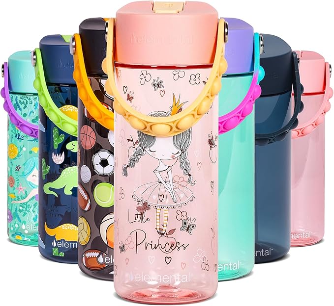 Elemental Water Bottles for Kids - Splash Kids Water Bottle for School with Pop-it Handle - BPA Free Tritan Plastic Water Bottle with Straw Leak Proof when Spout is Closed - Little Princess - 18oz