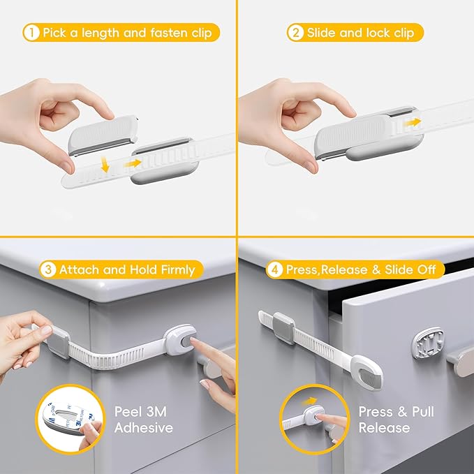 12 Packs Cabinet Locks Baby Proofing, Child Proof Cabinet Locks with 3M Adhesive, No-Drill Child Safety Cabinet Lock, Flexible for Drawer, Door, Fridge, Trashcan, Toilet Seat, Pantry
