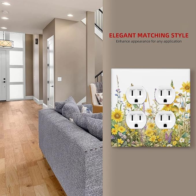 Wildflowers Sunflower Lavender Daisy Floral Outlet Covers 2 Gang Double Duplex Decorative Light Switch Covers Electrical Wallplates Socket Faceplate for Bedroom Living Room Decor