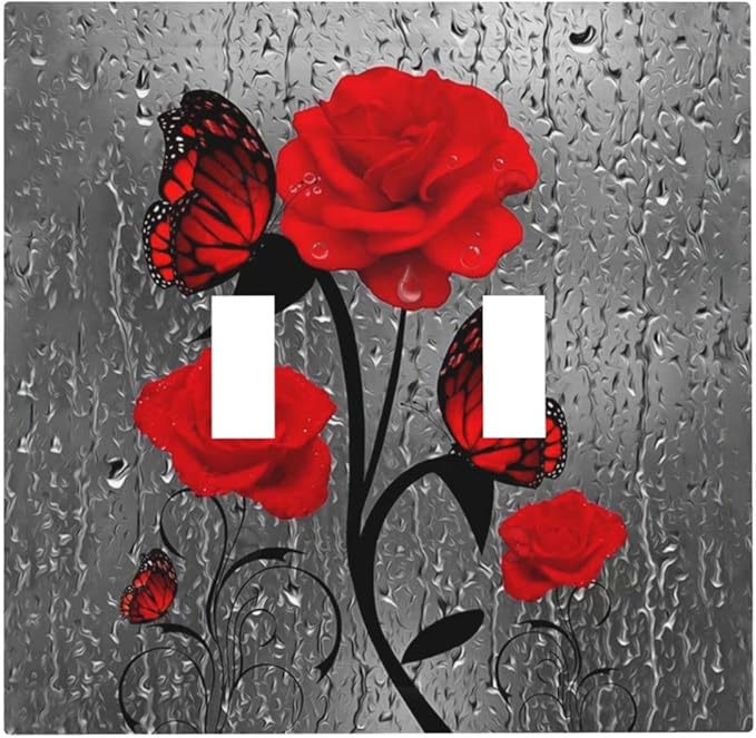 Butterfly Red Rose Flower 2 Gang Double Toggle Light Switch Cover Decorative Valentine's Day Wall Plate Faceplate Girls Water Red Rose Floral Bathroom Home Living Room Decor 5" x 4.9 Standard size